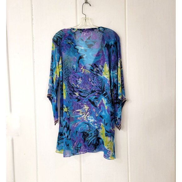 Beaded Goddess Sheer Peacock Blue Floral Swim Cover Up with Beading - Picture 3 of 6